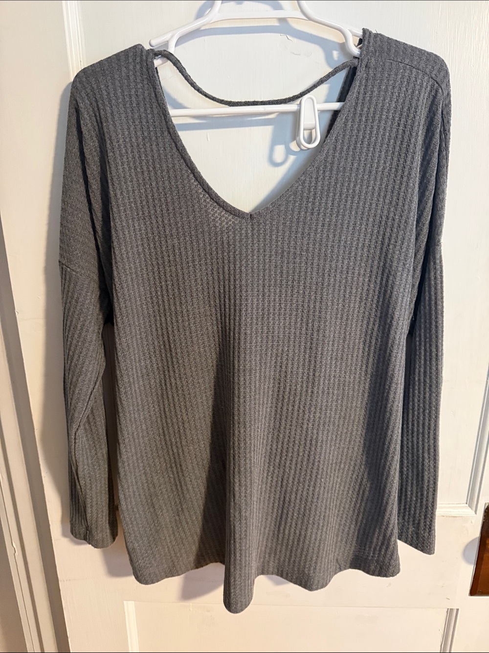 Wishlist Gray Waffle V-Neck Long Sleeve Top